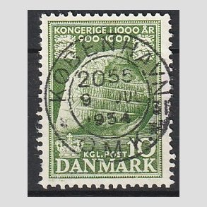 FRIM�RKER DANMARK | 1953-56 - AFA 346 - Kongeriget 1000 �r - 10 �re gr�n - Pragt Stemplet 