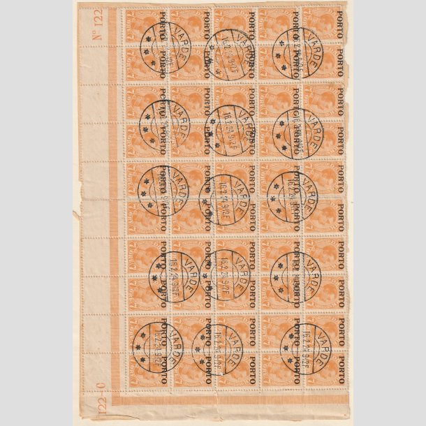 FRIMRKER DANMARK | 1921 - AFA 3 - 7 re orange i 50-blok p afklip - Pragt Stemplet "VARDE"