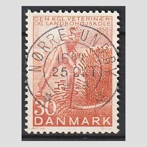 FRIM�RKER DANMARK | 1958 - AFA 372 - Landboh�jskolen 100 �r - 30 �re r�d - Pragt Stemplet N�rresundby