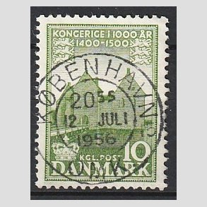 FRIM�RKER DANMARK | 1953-56 - AFA 351 - Det Danske Kongerige 1000 �r - 10 �re gr�n - Pragt Stemplet