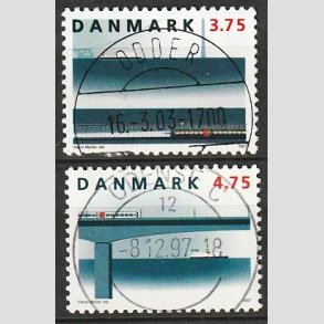 FRIM�RKER DANMARK | 1997 - AFA 1144,1145 - Jernbaneforbindelsen p� Storeb�lt - 3,75 og 4,75 Kr. flerfarvet - Pragt Stemplet