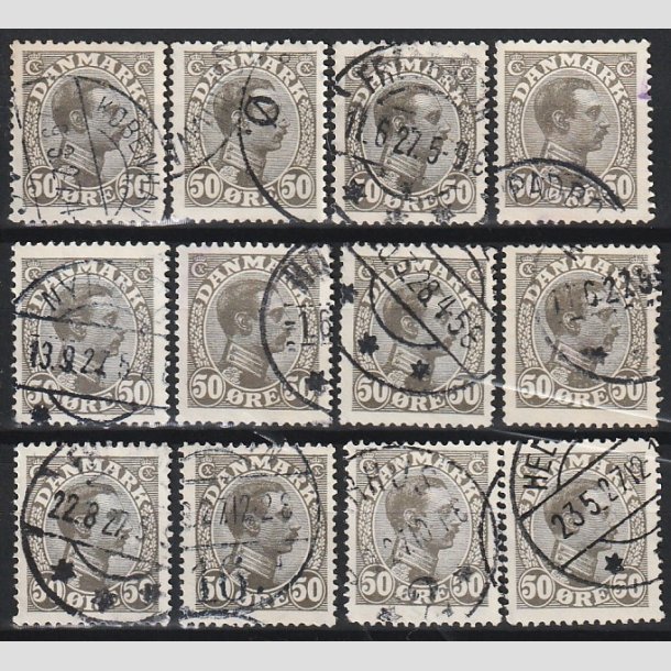 FRIMRKER DANMARK | 1921-22 - AFA 129 (engros) - Chr. X 50 re olivengr 12 stk. - Stemplet