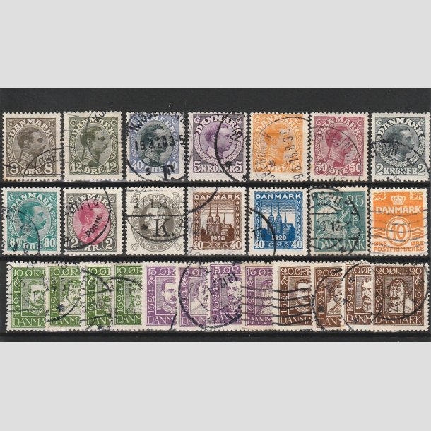 FRIMRKER DANMARK | BOGTRYK + STLSTIK | 1913-1933 - Lot med 26 bedre mrker - Stemplet - AFA 2.410,-