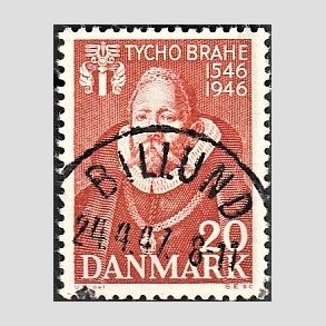 FRIM�RKER DANMARK | 1946 - AFA 298 - Tycho Brahe - 20 �re brunr�d - Pragt Stemplet
