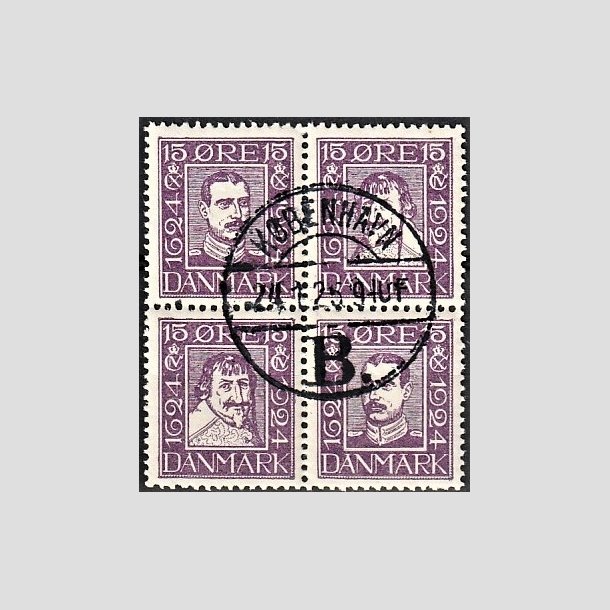 FRIMRKER DANMARK | 1924 - AFA 136-139 - Postjubilum 15 re violet i Fire-blok - Lux Stemplet "KJBENHAVN"