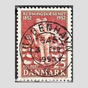 FRIM�RKER DANMARK | 1952 - AFA 334 - Redningsv�snet 100 �r - 25 �re brunr�d - Pragt Stemplet