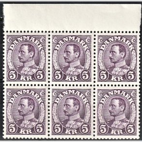 FRIMRKER DANMARK | 1934 - AFA 213 - Chr. X 5 Kr. violet i 6-blok - Postfrisk