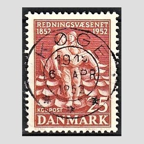 FRIM�RKER DANMARK | 1952 - AFA 334 - Redningsv�snet 100 �r - 25 �re brunr�d - Pragt Stemplet