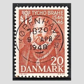 FRIM�RKER DANMARK | 1946 - AFA 298 - Tycho Brahe - 20 �re brunr�d - Pragt Stemplet