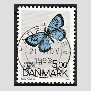 FRIM�RKER DANMARK | 1993 - AFA 1038 - Danske sommerfugle - 5,00 Kr. flerfarvet - Pragt Stemplet