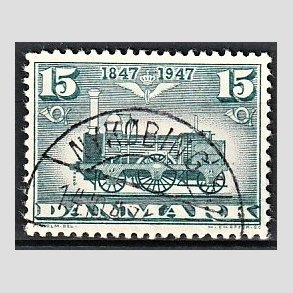 FRIM�RKER DANMARK | 1947 - AFA 302 - Danske jernbane 100 �r - 15 �re bl�gr�n - Pragt Stemplet