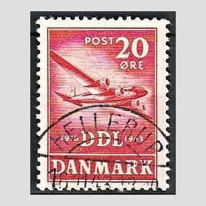FRIM�RKER DANMARK | 1943 - AFA 282 - Danske Luftfartselskab 25 �r - 20 �re r�d - Pragt Stemplet