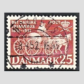 FRIM�RKER DANMARK | 1951 - AFA 332 - F�rste frim�rker 100 �r, 25 �re brunr�d - Pragt Stemplet
