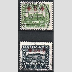 FRIMRKER DANMARK | 1921 - AFA 120,121 - +5 +10 re grn og +10 +20 re bl Rde Kors provisorier - Stemplet