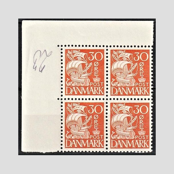 FRIMRKER DANMARK | 1940 - AFA 259 - Karavel 30 re orange Type II i 4-blok - Postfrisk