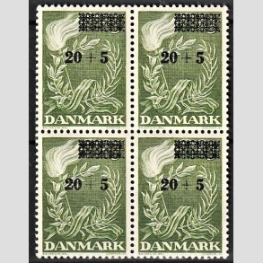 FRIMRKER DANMARK | 1955 - AFA 358 - Frihedsfond provisorier - 20 + 5/15 + 5 re grn i 4-blok - Postfrisk