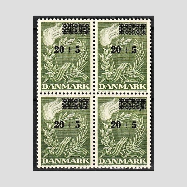 FRIMRKER DANMARK | 1955 - AFA 358 - Frihedsfond provisorier - 20 + 5/15 + 5 re grn i 4-blok - Postfrisk