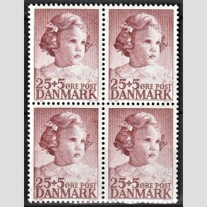 FRIMRKER DANMARK | 1950 - AFA 325 - Prinsesse Anne-Marie - 25 + 5 re brunrd i 4-blok - Postfrisk