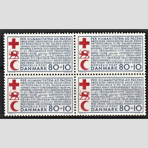 FRIMRKER DANMARK | 1966 - AFA 442F - Dansk Rde Kors - 80 + 10 re bl/rd i 4-blok - Postfrisk