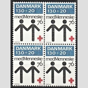 FRIMRKER DANMARK | 1976 - AFA 612 - Dansk Rde Kors 100 r. - 130 + 20 re bl/rd/sort i 4-blok - Postfrisk