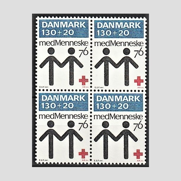 FRIMRKER DANMARK | 1976 - AFA 612 - Dansk Rde Kors 100 r. - 130 + 20 re bl/rd/sort i 4-blok - Postfrisk