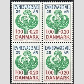 FRIMRKER DANMARK | 1977 - AFA 633 - Evnesvages vel - 1,00 + 0,20 Kr. bl/grn/rd i 4-blok - Postfrisk