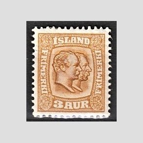 FRIMRKER ISLAND | 1907 - AFA 49 - Chr. IX og Frederik VIII - 3 aur brun/gul tk. 12 3/4 - Ubrugt 