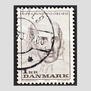 FRIMRKER DANMARK | 1972 - AFA 524 - N. F. S. Grundtvig - 1 Kr. lysbrun - Alm. god gennemsnitskvalitet - Stemplet (Photo eksempel)