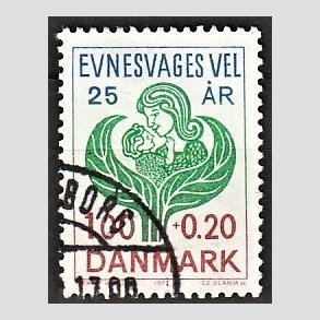 FRIMRKER DANMARK | 1977 - AFA 633 - Evnesvages Vels 25 rs jubilum - 1,00 + 0,20 Kr. bl/grn/rd - Alm. god gennemsnitskvalitet - Stemplet (Photo eksempel)