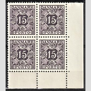 FRIMRKER DANMARK | 1937-55 - AFA 36a - 15 re grviolet i 4-blok med marginal - Postfrisk