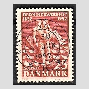 FRIM�RKER DANMARK | 1952 - AFA 334 - Redningsv�snet 100 �r - 25 �re brunr�d - Pragt Stemplet