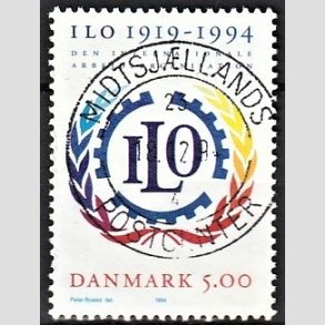 FRIM�RKER DANMARK | 1994 - AFA 1075 - ILO 75 �r - 5,00 Kr. flerfarvet - Pragt Stemplet