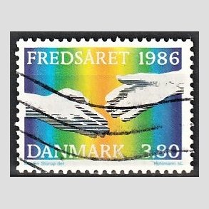 FRIMRKER DANMARK | 1986 - AFA 857 - FNs internationale fredsr - 3,80 Kr. flerfarvet - Alm. god gennemsnitskvalitet - Stemplet (Photo eksempel)