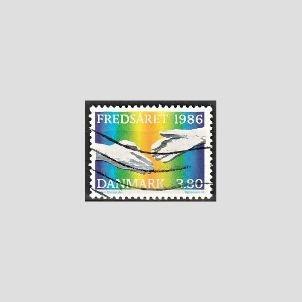 FRIMRKER DANMARK | 1986 - AFA 857 - FNs internationale fredsr - 3,80 Kr. flerfarvet - Alm. god gennemsnitskvalitet - Stemplet (Photo eksempel)