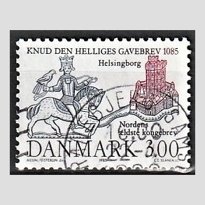 FRIMRKER DANMARK | 1985 - AFA 835 - Domkirken i Lund - Knud den Hellige - 3,00 Kr. mrkbl/lilla - Alm. god gennemsnitskvalitet - Stemplet (Photo eksempel)