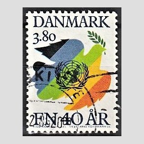 FRIMRKER DANMARK | 1985 - AFA 841 - FNs 40 rs jubilum - 3,80 Kr. flerfarvet - Alm. god gennemsnitskvalitet - Stemplet (Photo eksempel)