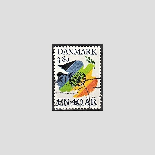FRIMRKER DANMARK | 1985 - AFA 841 - FNs 40 rs jubilum - 3,80 Kr. flerfarvet - Alm. god gennemsnitskvalitet - Stemplet (Photo eksempel)