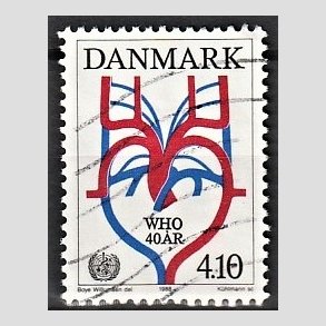 FRIMRKER DANMARK | 1988 - AFA 909 - WHOs 40 rs jubilum - 4,10 Kr. flerfarvet - Alm. god gennemsnitskvalitet - Stemplet (Photo eksempel)