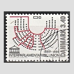 FRIMRKER DANMARK | 1989 - AFA 941 - Interparlamentarisk Union 100 r. - 3,40 Kr. flerfarvet - Alm. god gennemsnitskvalitet - Stemplet (Photo eksempel)