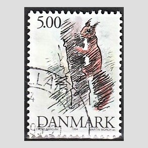 FRIMRKER DANMARK | 1994 - AFA 1078 - Truede danske dyr - 5,00 Kr. egern - Alm. god gennemsnitskvalitet - Stemplet (Photo eksempel)