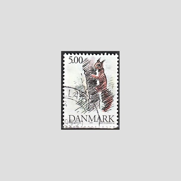 FRIMRKER DANMARK | 1994 - AFA 1078 - Truede danske dyr - 5,00 Kr. egern - Alm. god gennemsnitskvalitet - Stemplet (Photo eksempel)