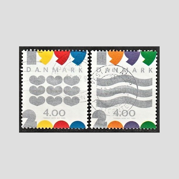 FRIMRKER DANMARK | 1999 - AFA 1232+1233 - Millennium - 4,00 Kr. hjerter og blgelinier - Alm. god gennemsnitskvalitet - Stemplet (Photo eksempel)