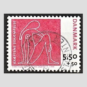 FRIMRKER DANMARK | 2008 - AFA 1529 - Krftens Bekmpelse - 5,50 Kr. + 0,50 Kr. rd/hvid/sort - Alm. god gennemsnitskvalitet - Stemplet (Photo eksempel)