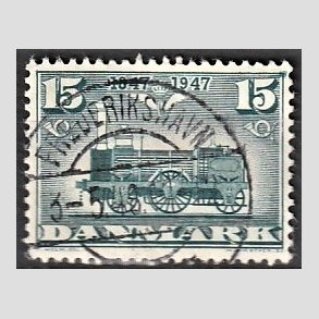 FRIM�RKER DANMARK | 1947 - AFA 302 - Danske jernbane 100 �r - 15 �re bl�gr�n - Pragt Stemplet