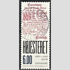 FRIMRKER DANMARK | 2011 - AFA 1647E - Hjesteret 350 r. - 6,00 Kr. flerfarvet - Alm. god gennemsnitskvalitet - Stemplet (Photo eksempel)