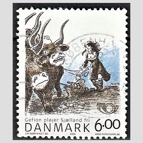 FRIMRKER DANMARK | 2004 - AFA 1385 - Nordisk mytologi 1. - 6,00 Kr. Gefion - Alm. god gennemsnitskvalitet - Stemplet (Photo eksempel)