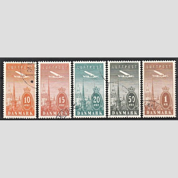 FRIMRKER DANMARK | 1934 - AFA  216-220 - Ny Luftpost 10 re til 1 Kr. i komplet st - Stemplet