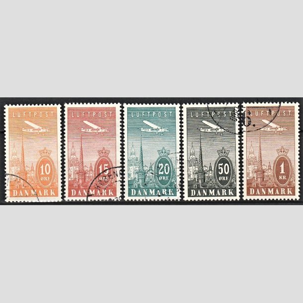 FRIMRKER DANMARK | 1934 - AFA  216-220 - Ny Luftpost 10 re til 1 Kr. i komplet st - Stemplet