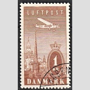 FRIMRKER DANMARK | 1934 - AFA 220 - Ny Luftpost 1 Kr. brun - Stemplet