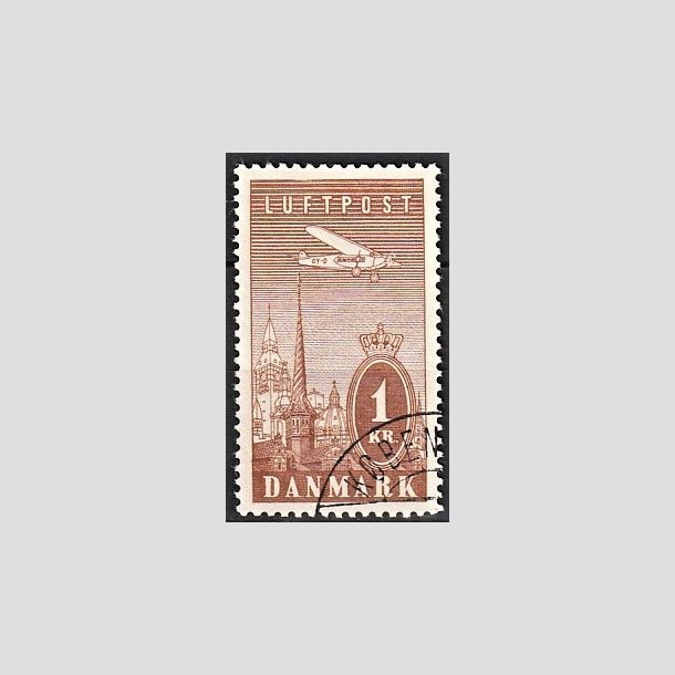 FRIMRKER DANMARK | 1934 - AFA 220 - Ny Luftpost 1 Kr. brun - Stemplet